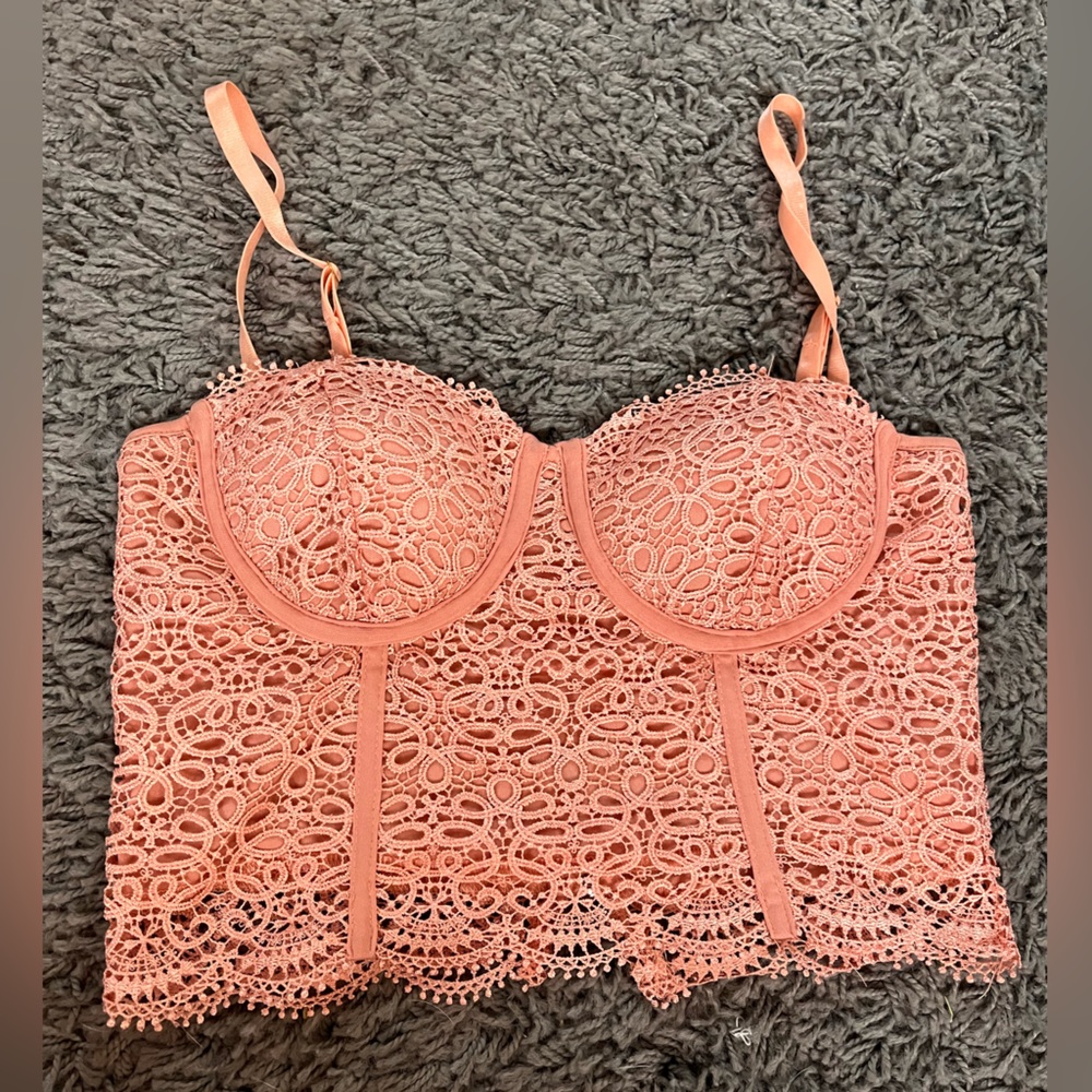 Light Pink Boustier Zip Up Lace Top